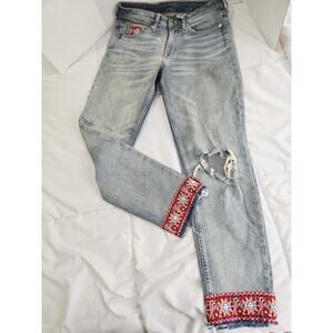 Vtg H&M Denim Sz 2 Embroidered Boho Indie Rip Straight Leg Casual Fairycore